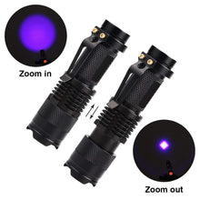 Load image into Gallery viewer, LED UV Flashlight Ultraviolet Torch With Zoom Function Mini UV Black Light Pet Urine Stains Detector Scorpion Hunting