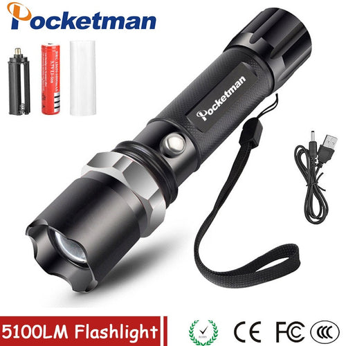 LED flashlight Tactical Flashlight 5100Lumens XM-T6 Zoomable 5 Modes Lanterna LED Torch 18650 Rechargeable For Camping